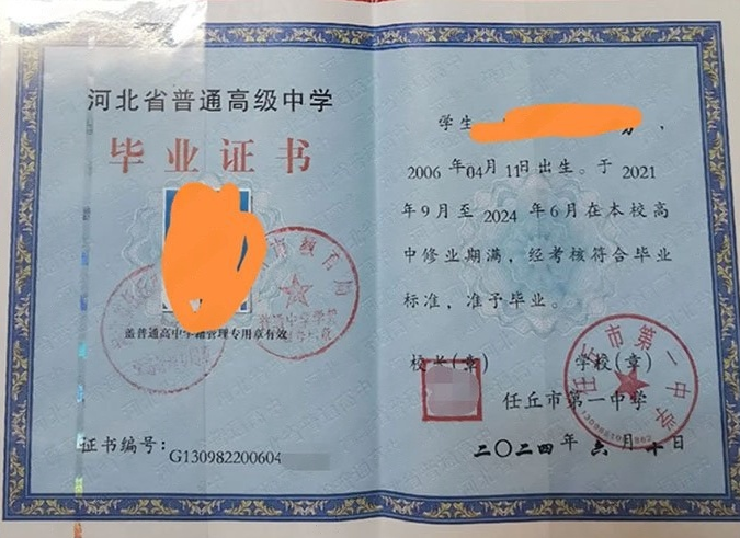 巩义任丘市第一中学高中毕业证样本图片
